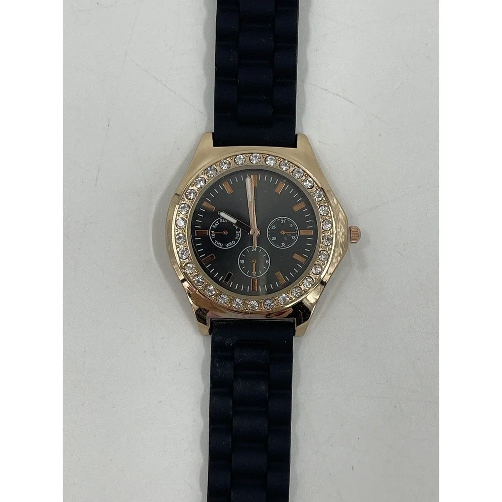 Women's Rose‎ Gold Tone Claire's watch, Black Poly Band Crystal Accents